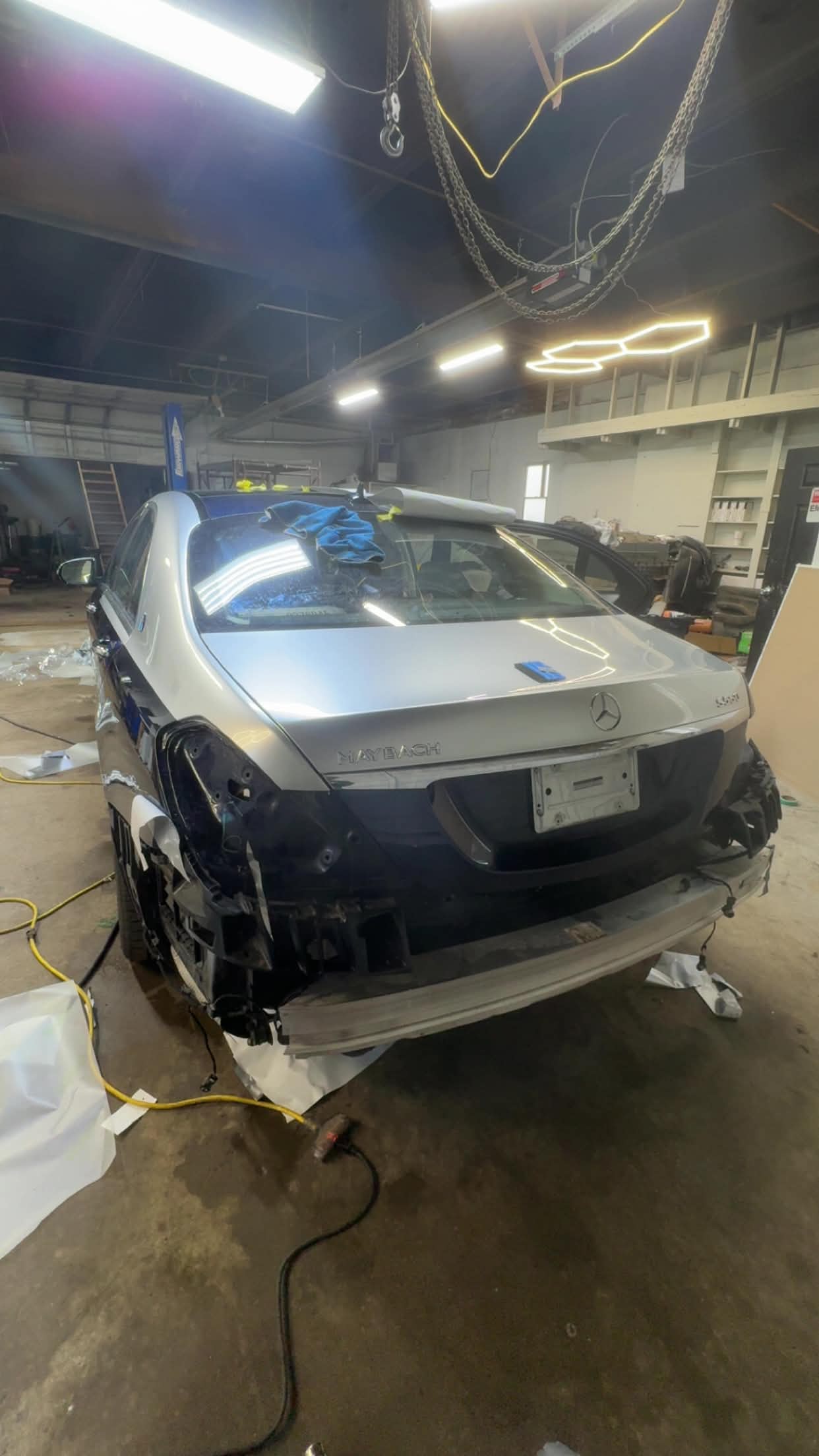 Mercedes-Maybach undergoing rear-end collision body work at Eli's Auto